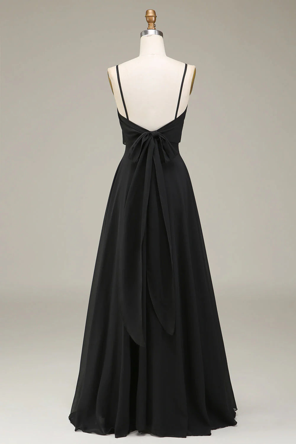 A-line thin shoulder strap black chiffon long bridesmaid dress