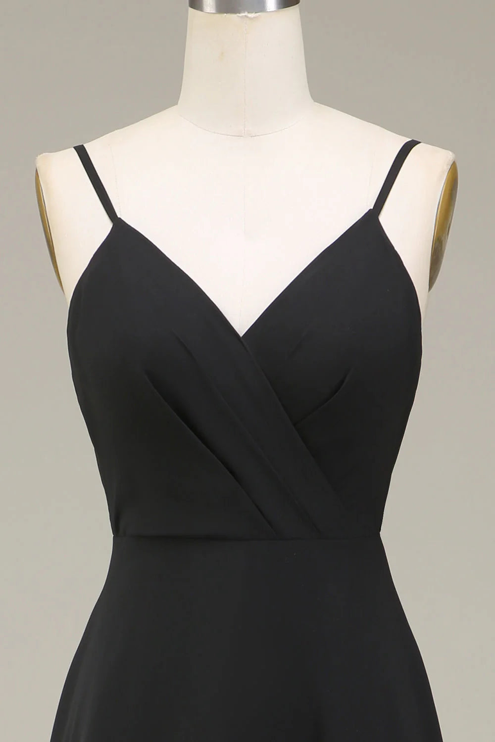 A-line thin shoulder strap black chiffon long bridesmaid dress