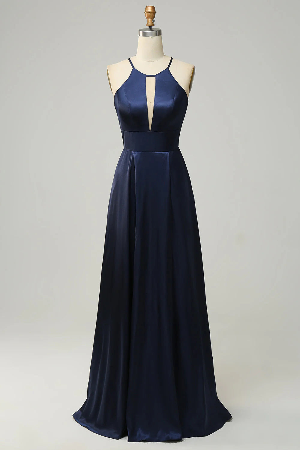 Dark Navy Satin A-Line Floor-Length Halter Backless Bridesmaid Dress