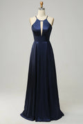 Dark Navy Satin A-Line Floor-Length Halter Backless Bridesmaid Dress