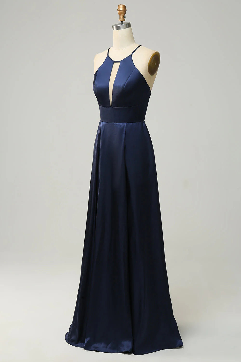 Dark Navy Satin A-Line Floor-Length Halter Backless Bridesmaid Dress