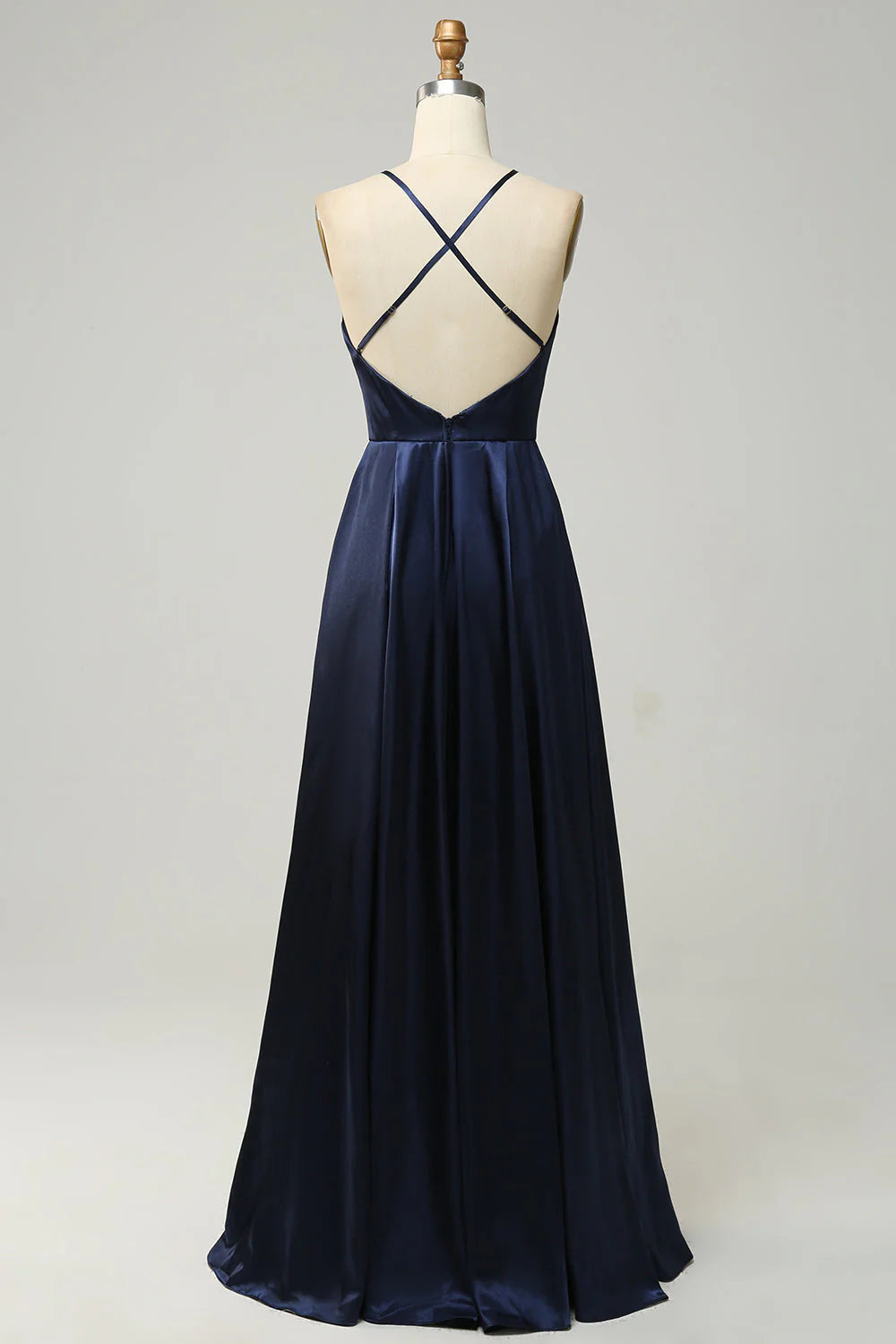 Dark Navy Satin A-Line Floor-Length Halter Backless Bridesmaid Dress