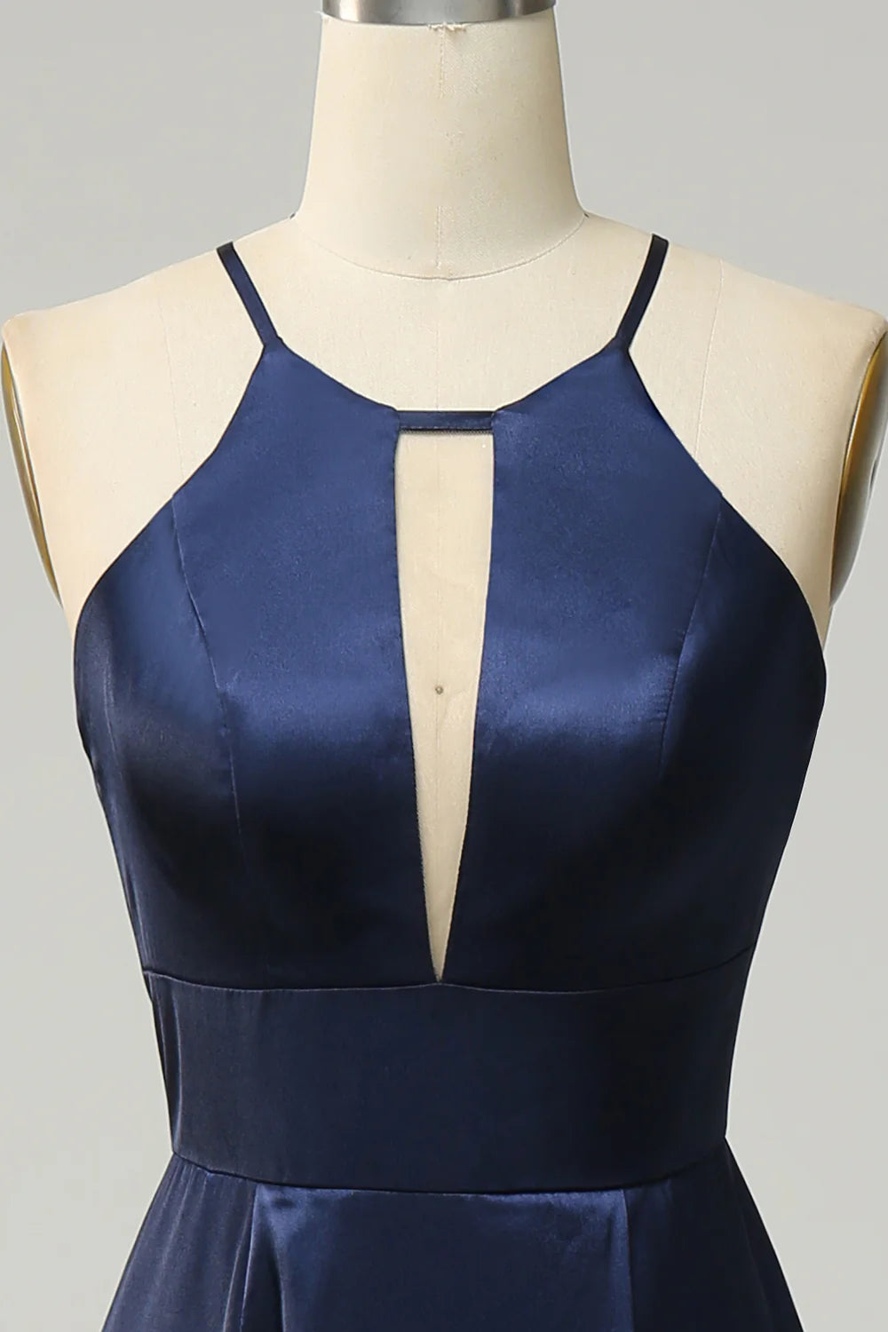 Dark Navy Satin A-Line Floor-Length Halter Backless Bridesmaid Dress