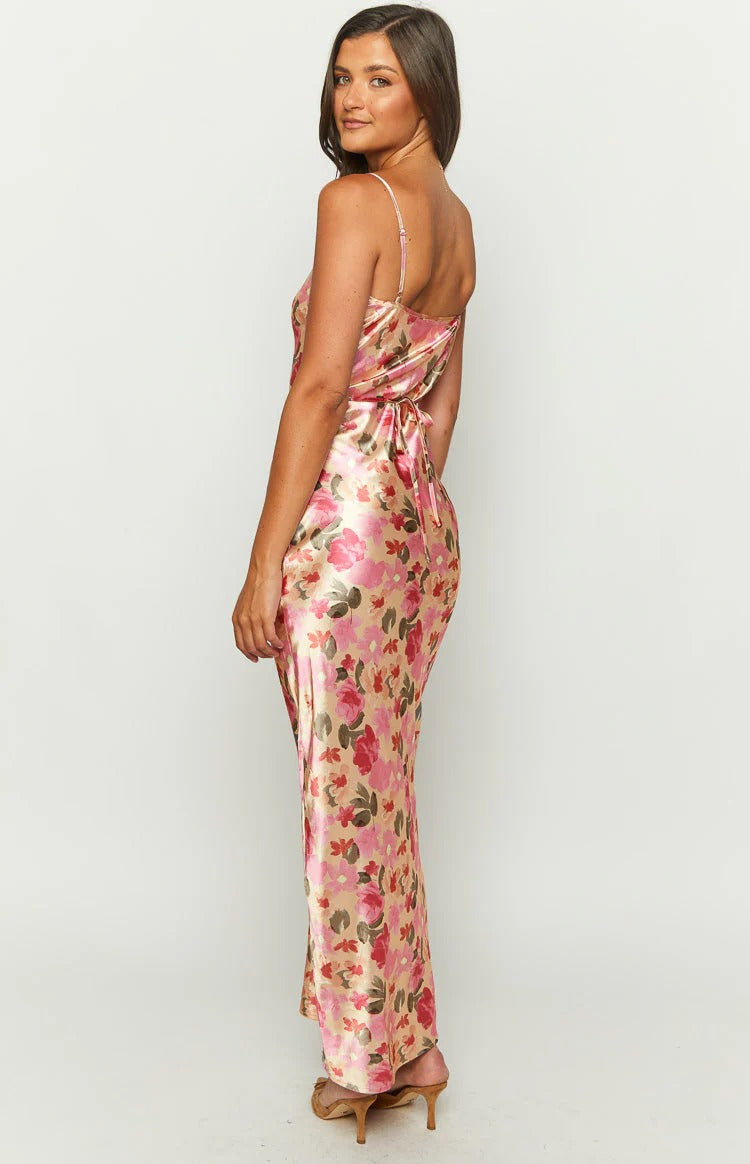Adjustable Spaghetti Straps Back Tie Formal Dress with Floral Print