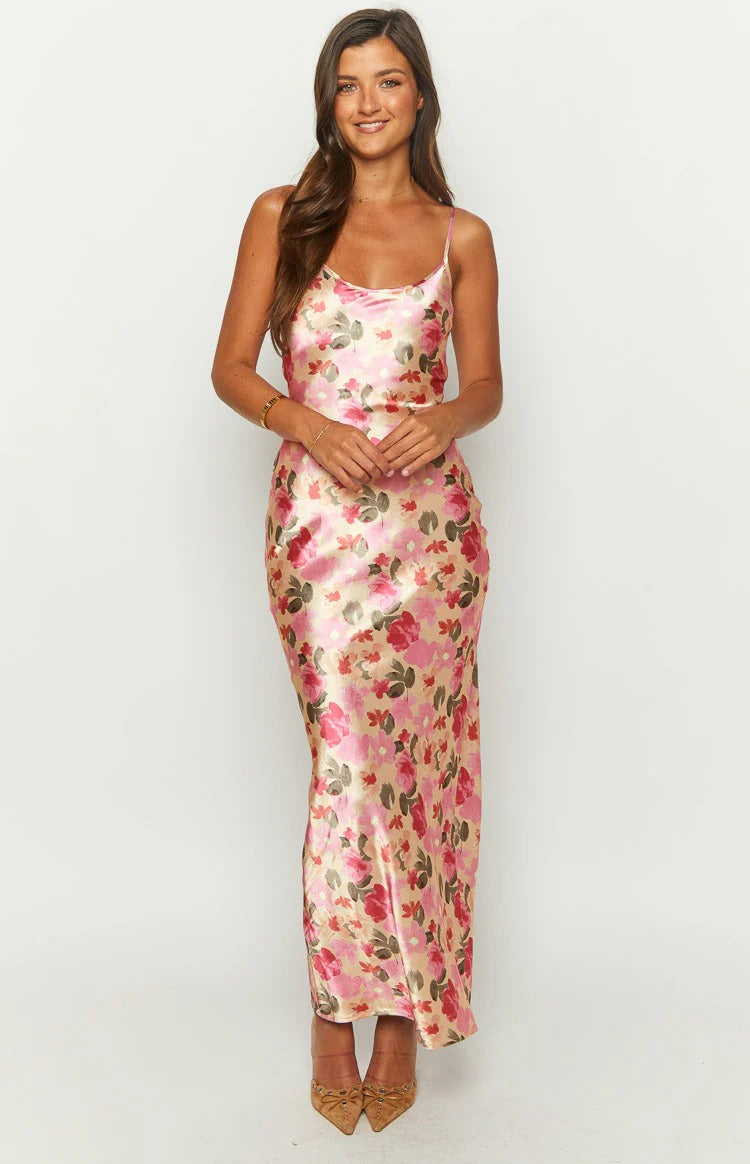 Adjustable Spaghetti Straps Back Tie Formal Dress with Floral Print