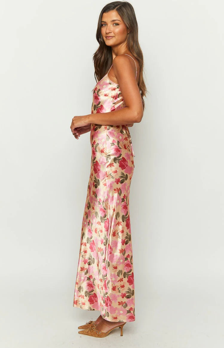 Adjustable Spaghetti Straps Back Tie Formal Dress with Floral Print