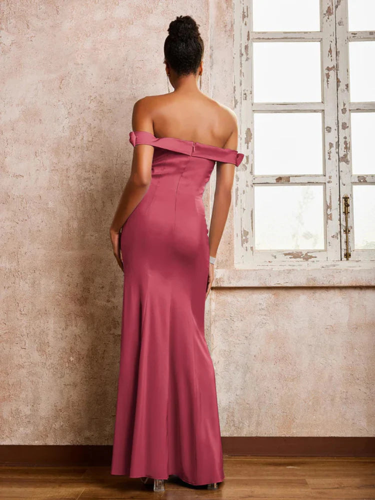 Burgundy Crepe Off-the-Shoulder Mermaid Floor-Length Dress with High Slit