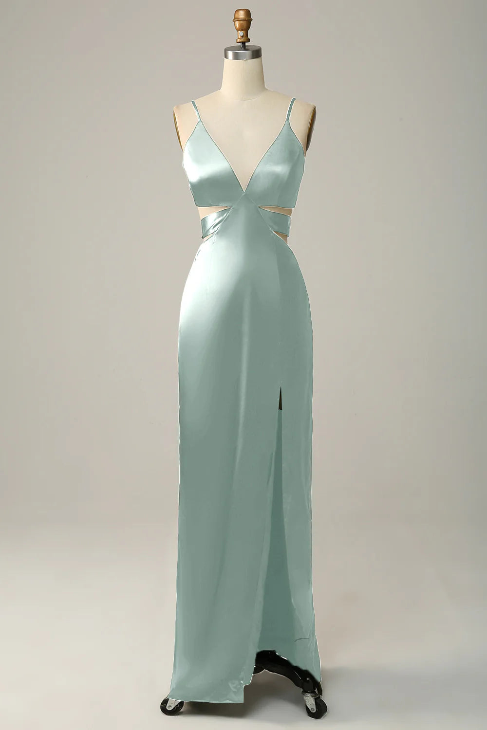 Olive Green Satin V-Neck Floor-Length Evening Dress