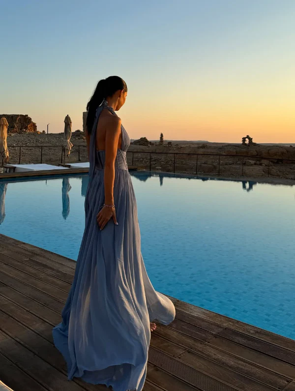Airy Halter V-Neck Corset Bodice High-Slit Flowy Floor-Length Evening Dress