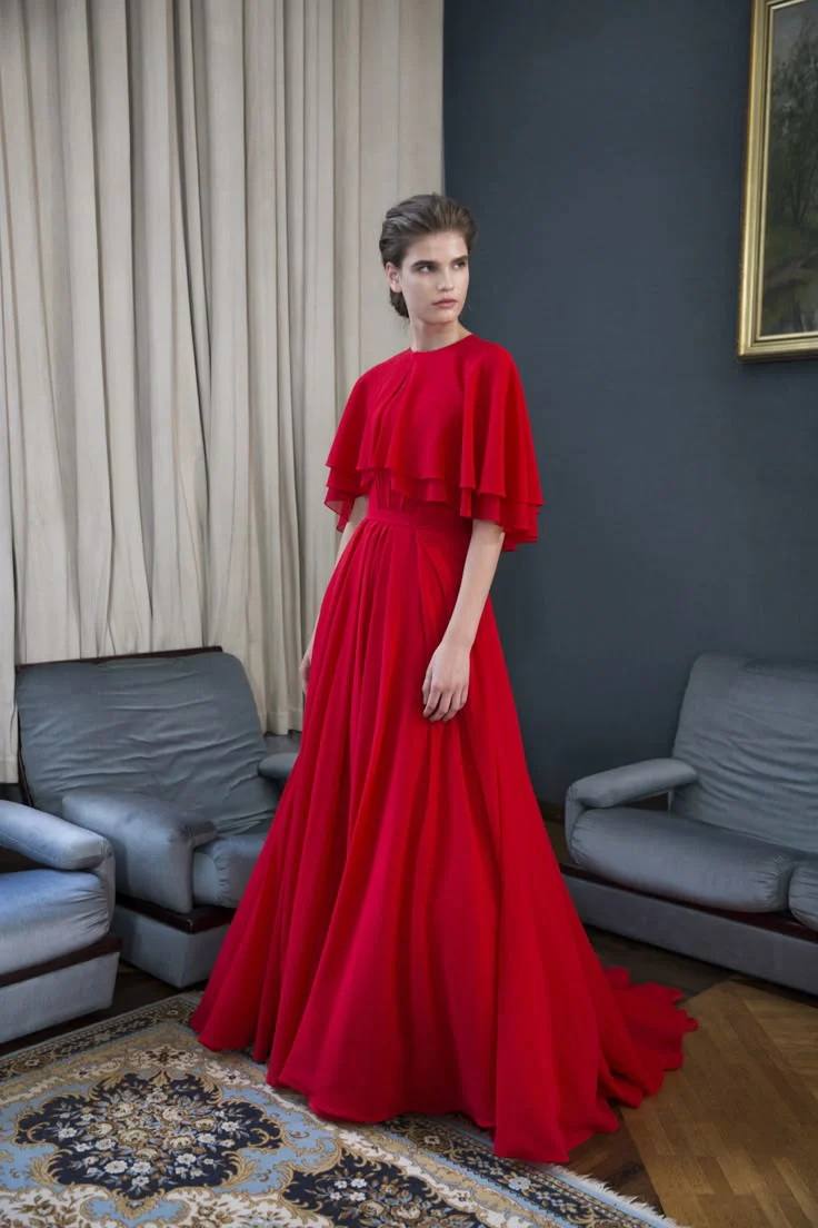 Airy tiered chiffon A-line keyhole-neck capelet-sleeve floor-length evening dress
