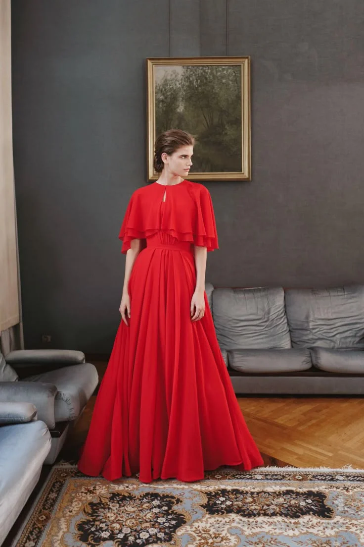 Airy tiered chiffon A-line keyhole-neck capelet-sleeve floor-length evening dress