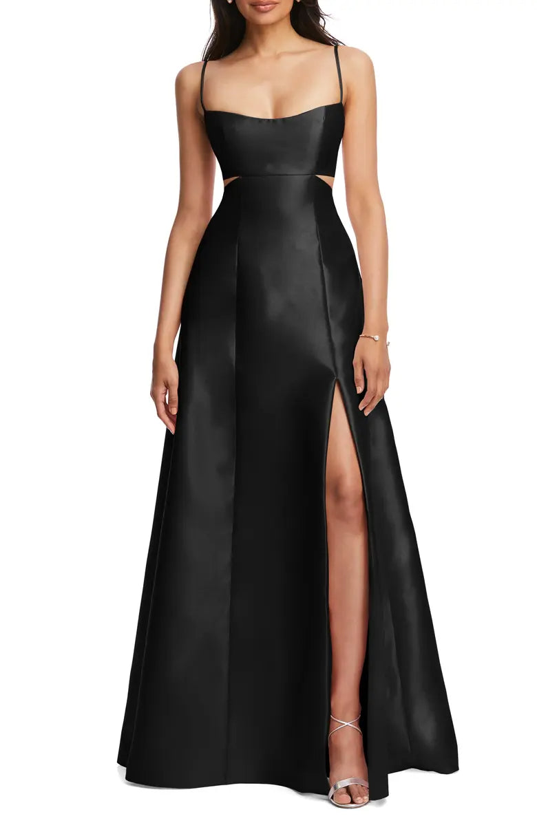 Vestido de noche elegante, fino, con hombros descubiertos, superficie de satén ahuecada, sin espalda y largo hasta el suelo.