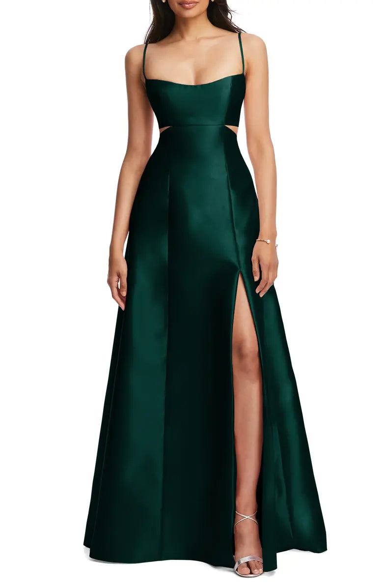 Vestido de noche elegante, fino, con hombros descubiertos, superficie de satén ahuecada, sin espalda y largo hasta el suelo.