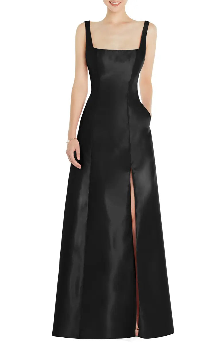 Vestido de noche sencillo y elegante con escote cuadrado, hombros descubiertos, satén, largo hasta el suelo, abertura frontal y espalda descubierta.