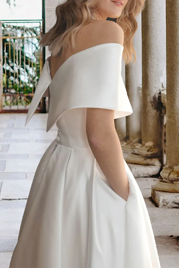 Vestido de novia blanco pequeño para fiesta, con hombros descubiertos, largo hasta la rodilla y satén.