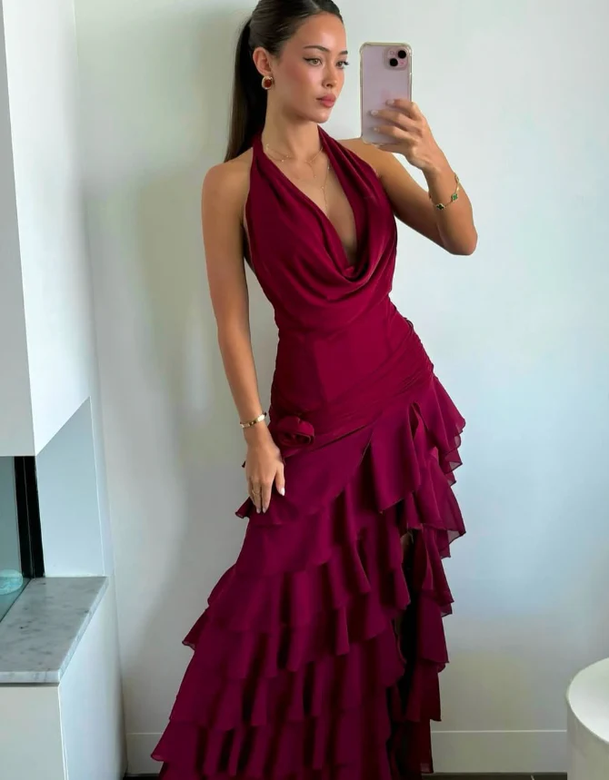 Burgundy Chiffon A-Line Cowl Neck Floor-Length Dress