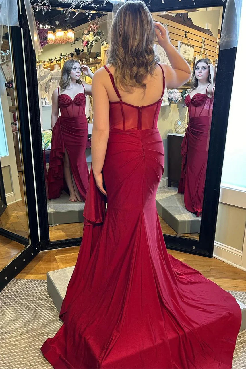 Alluring Mermaid Sweetheart Neck Spaghetti Straps Mesh Back Slit Floor Length Evening Dress