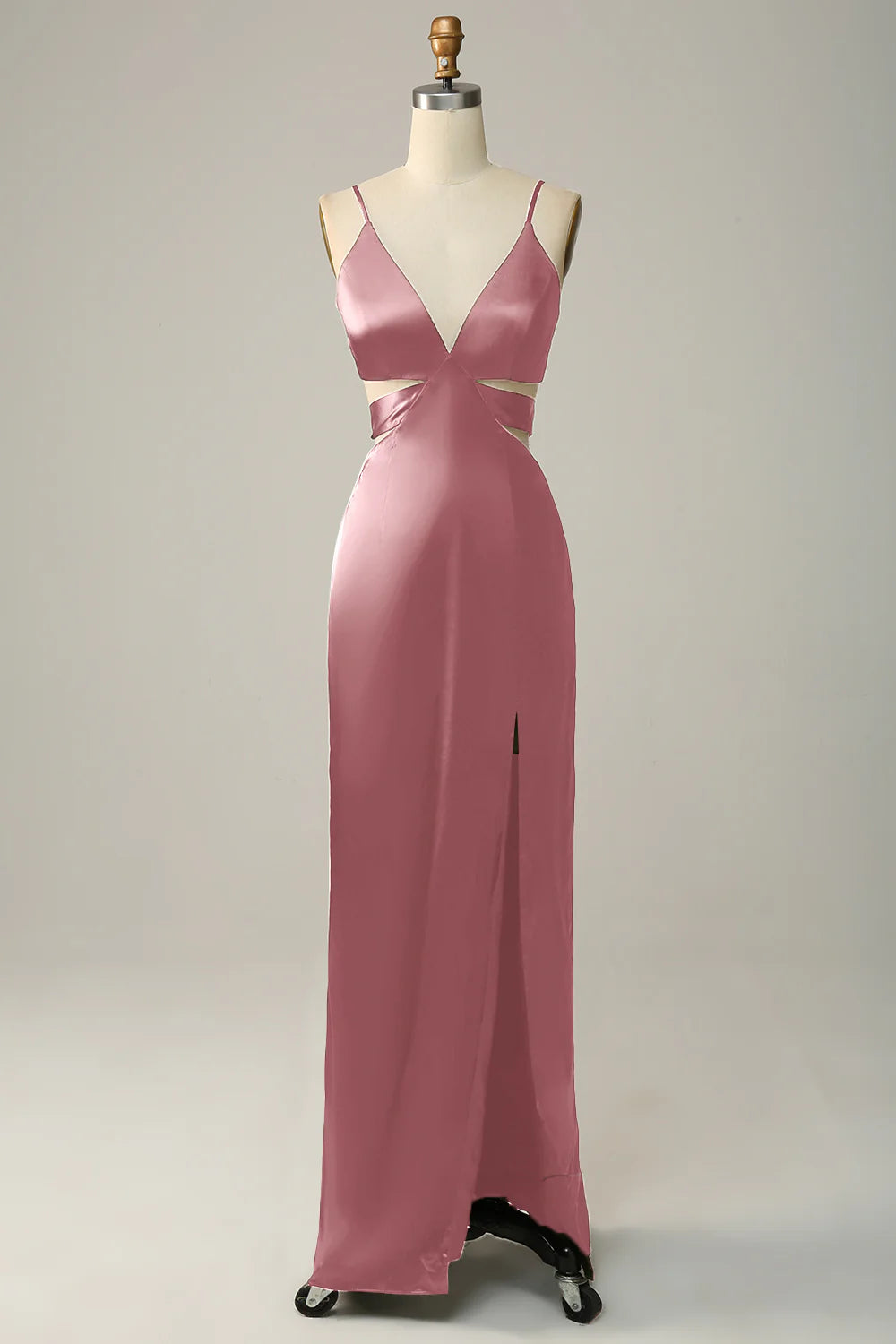 Olive Green Satin V-Neck Floor-Length Evening Dress