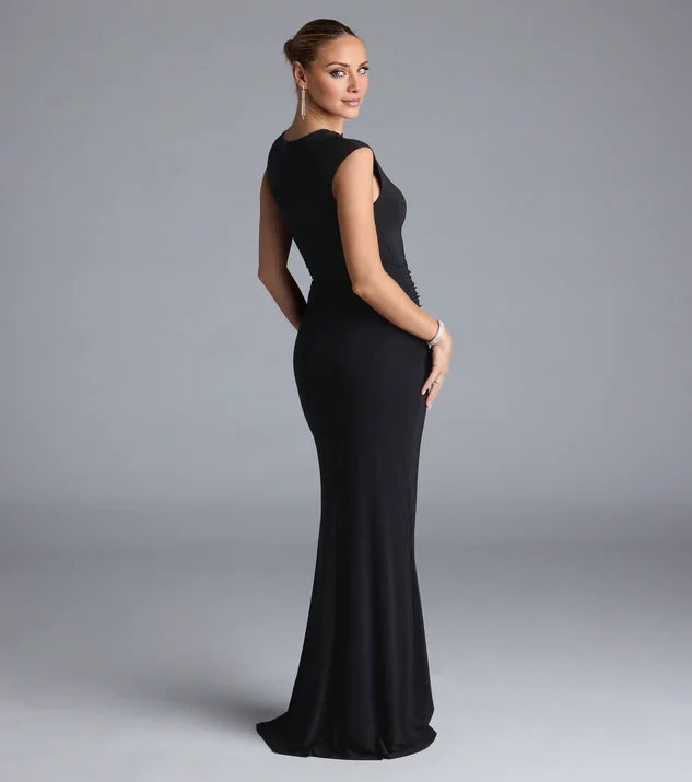 Artistic Asymmetrical Neck Sleeveless Cut-Out Ruched Slit Mermaid Floor-Length Evening Dress