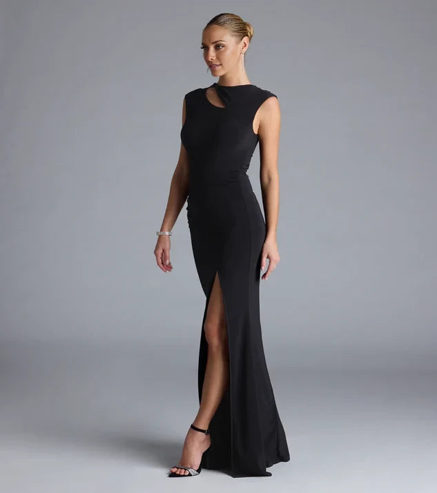Artistic Asymmetrical Neck Sleeveless Cut-Out Ruched Slit Mermaid Floor-Length Evening Dress