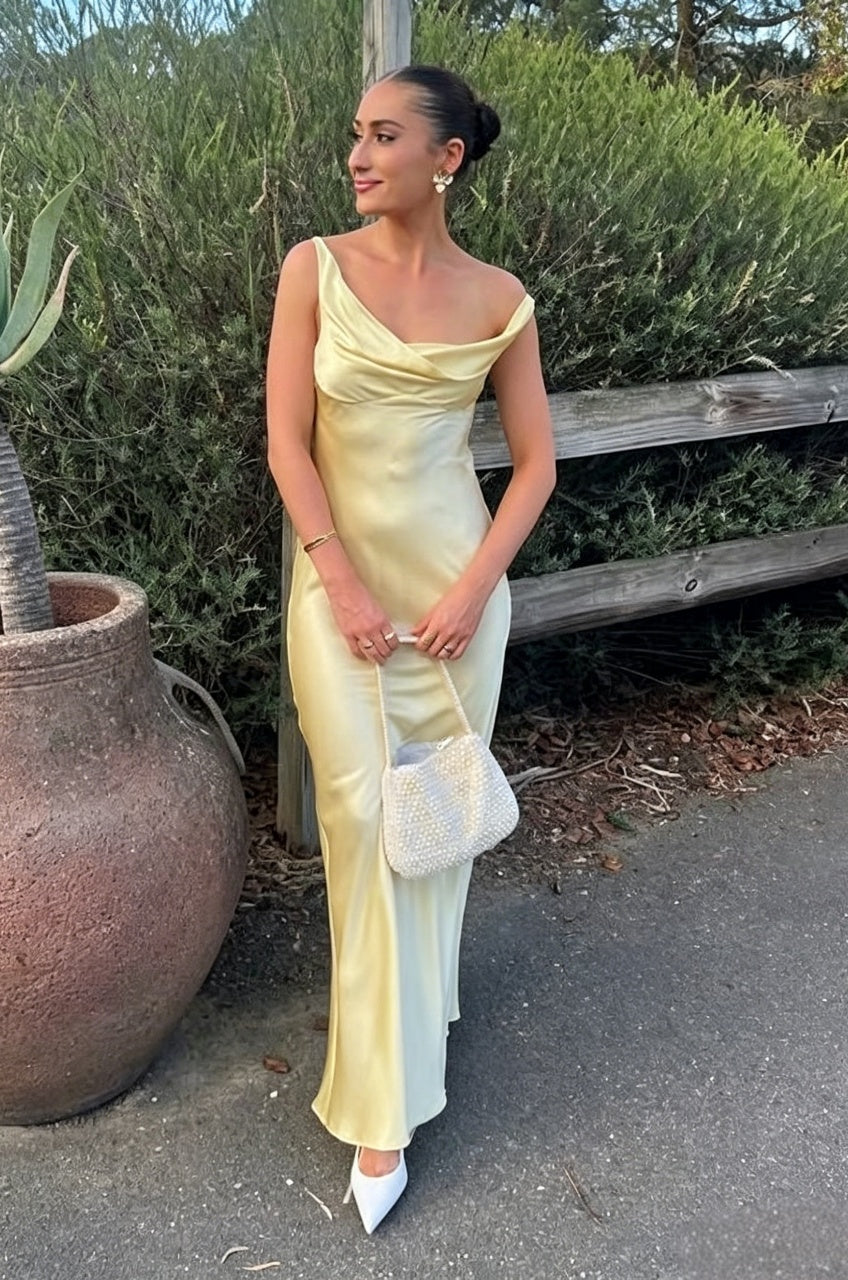 Asymmetric Cowl Neck Open-Back Satin Slip Floor-Length Evening Dresses