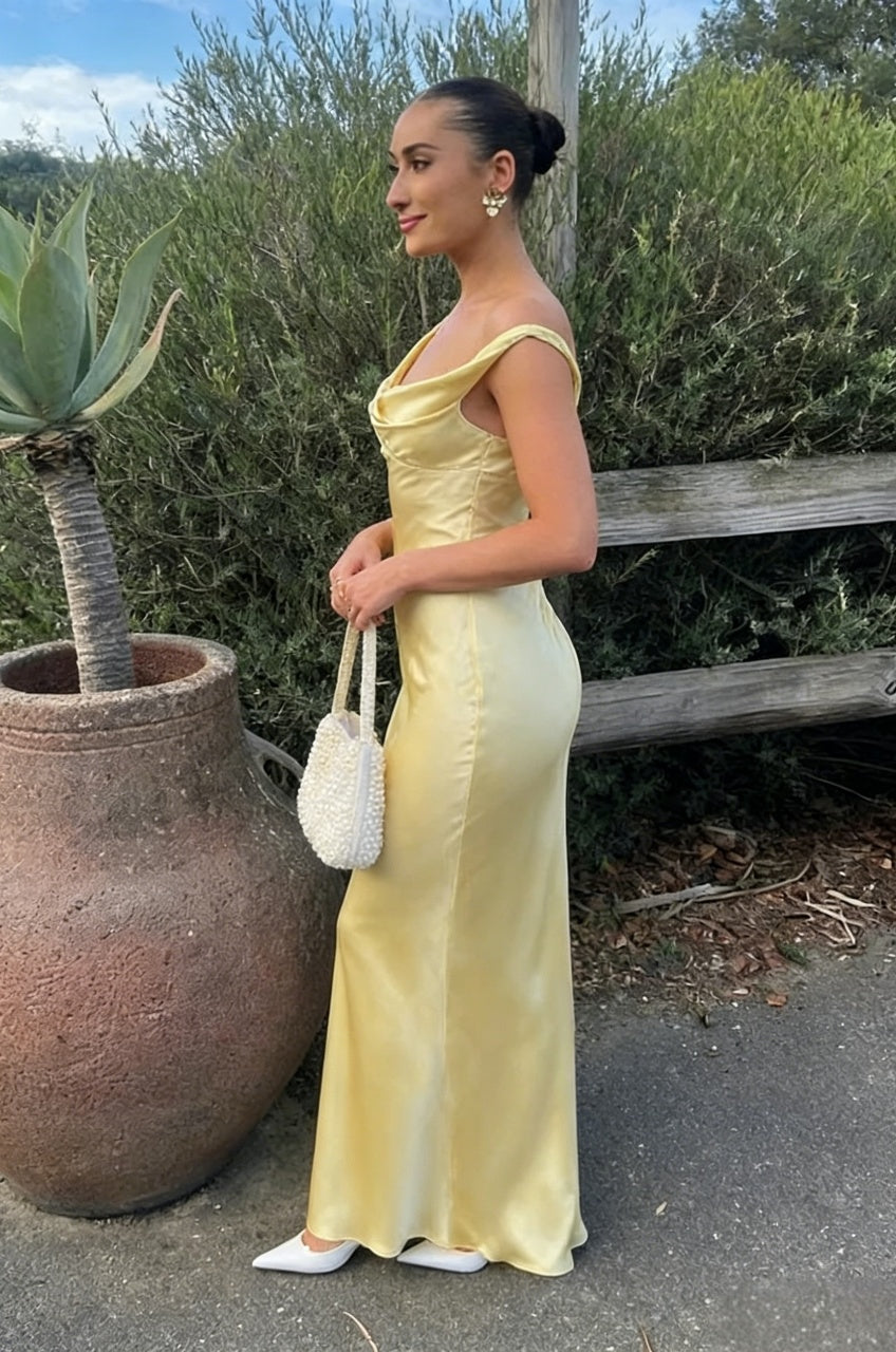 Asymmetric Cowl Neck Open-Back Satin Slip Floor-Length Evening Dresses