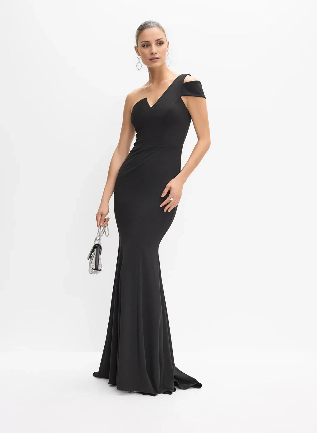 Black Crepe Mermaid Floor-Length Dress with One-shoulder Neckline