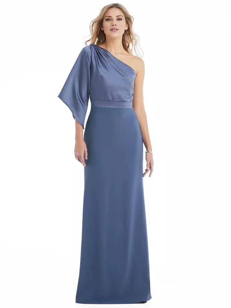 Vestido de fiesta asimétrico con cuello descubierto, hombros descubiertos, manga corta, espalda descubierta y largo hasta el suelo