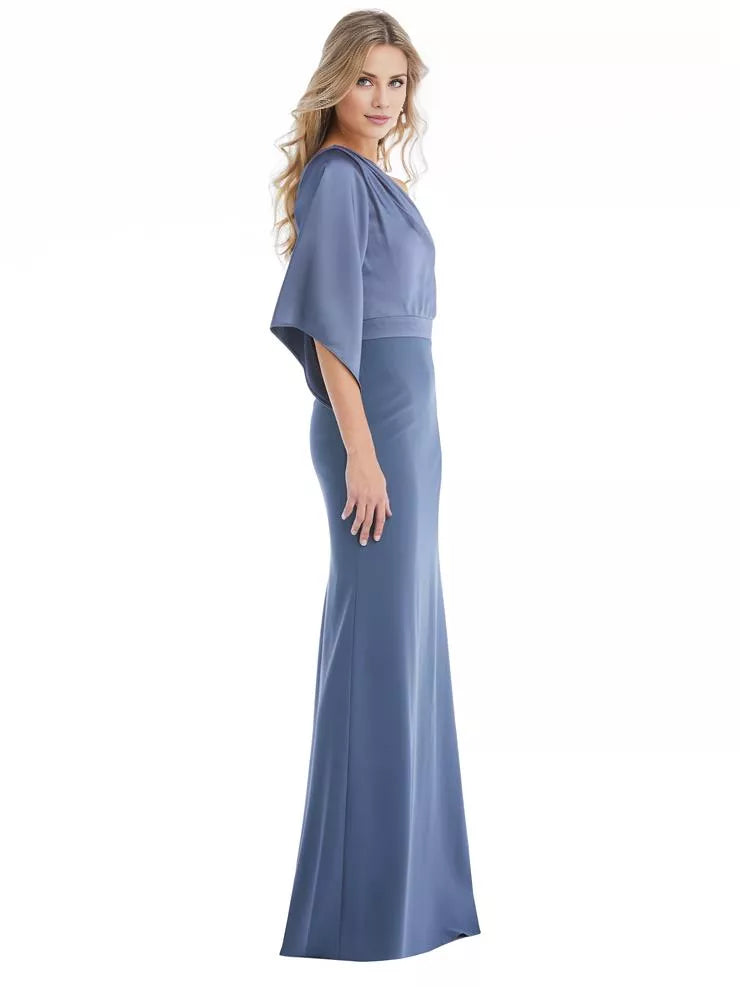 Vestido de fiesta asimétrico con cuello descubierto, hombros descubiertos, manga corta, espalda descubierta y largo hasta el suelo
