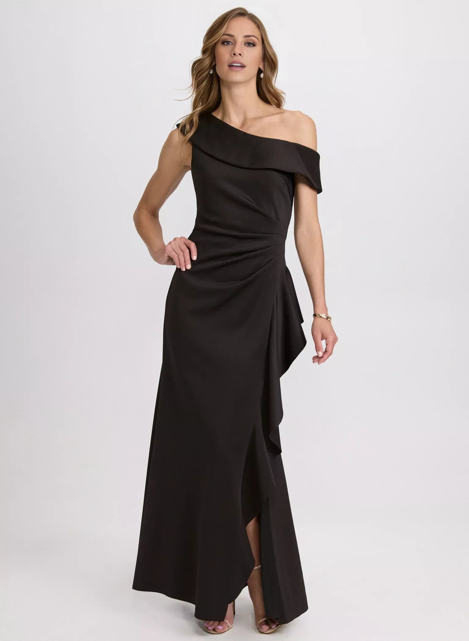 Asymmetric collar off shoulder sleeveless backless ruffled edge side slit and floor length evening dress