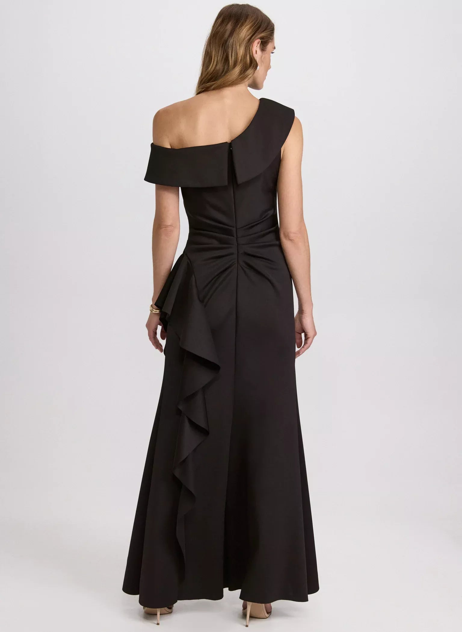 Asymmetric collar off shoulder sleeveless backless ruffled edge side slit and floor length evening dress