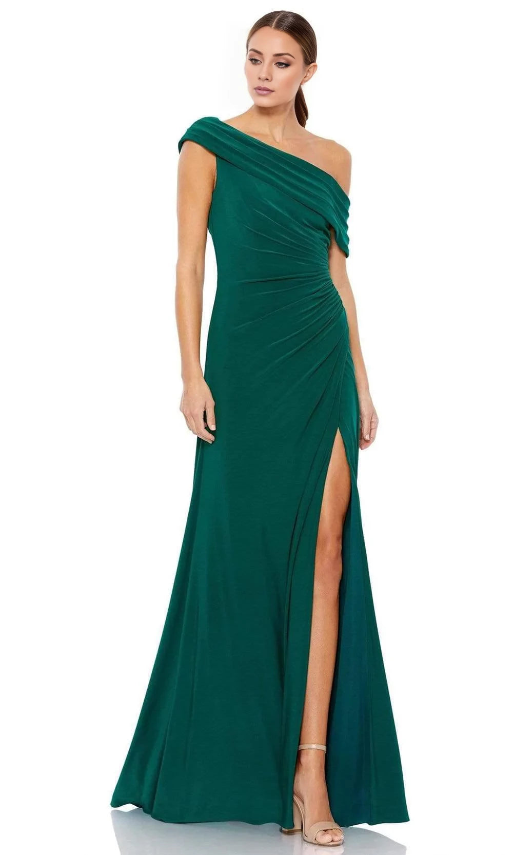 Vestido de fiesta largo hasta el suelo, sin mangas, con cuello asimétrico, hombros descubiertos, espalda descubierta, abertura lateral 