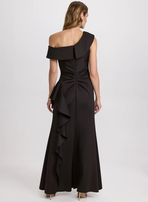 Black Crepe One Shoulder Floor-Length Sheath/column Dress with Draping & High Slit
