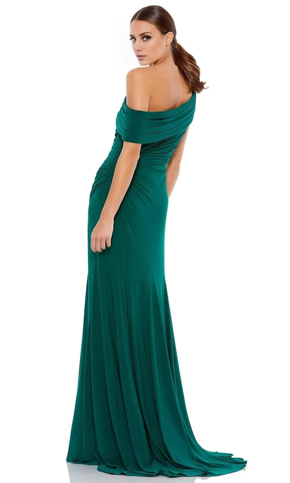 Vestido de fiesta largo hasta el suelo, sin mangas, con cuello asimétrico, hombros descubiertos, espalda descubierta, abertura lateral 