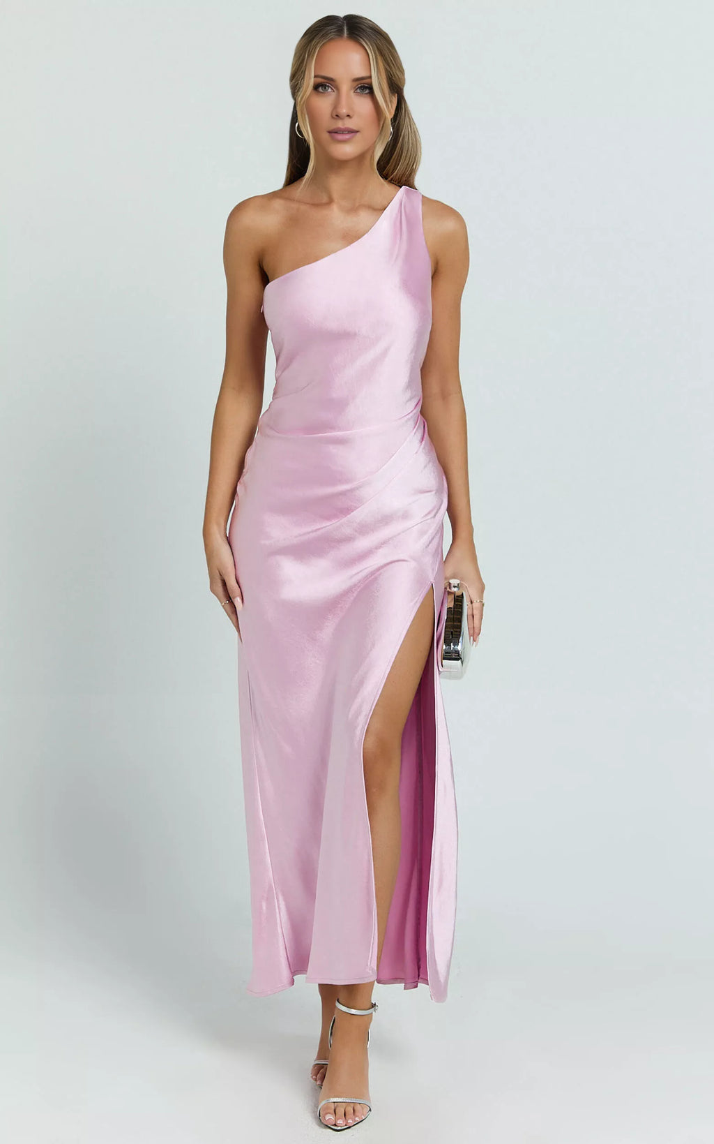 Vestido de fiesta largo hasta el suelo, sin mangas, con cuello asimétrico, hombros descubiertos, espalda descubierta, abertura lateral 