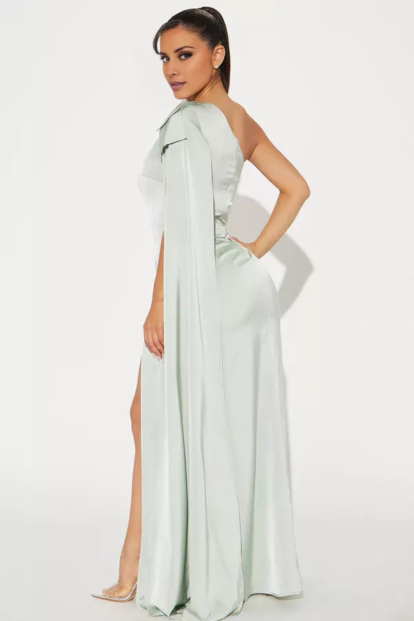Asymmetric collar off shoulder sleeveless backless side slit and floor length evening dress