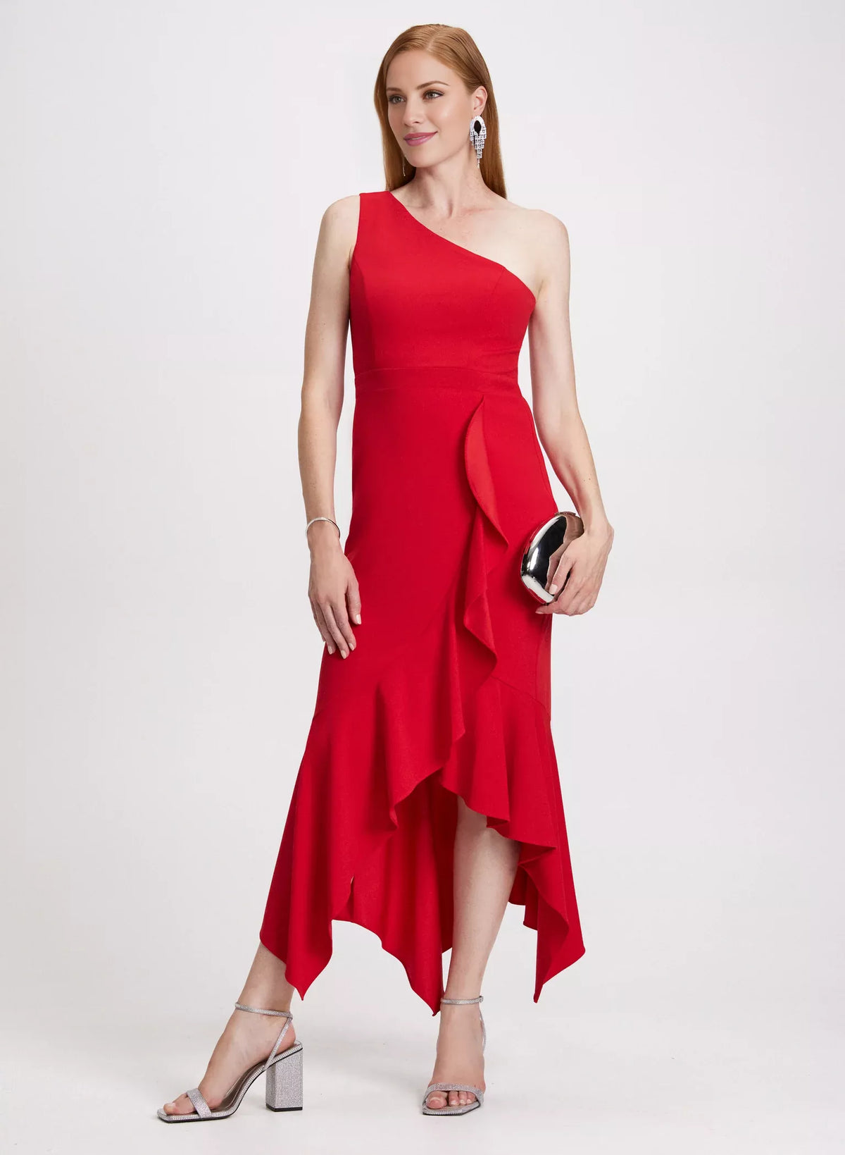 Red Crepe One Shoulder A-Line Asymmetrical Evening Dress with Ruffle
