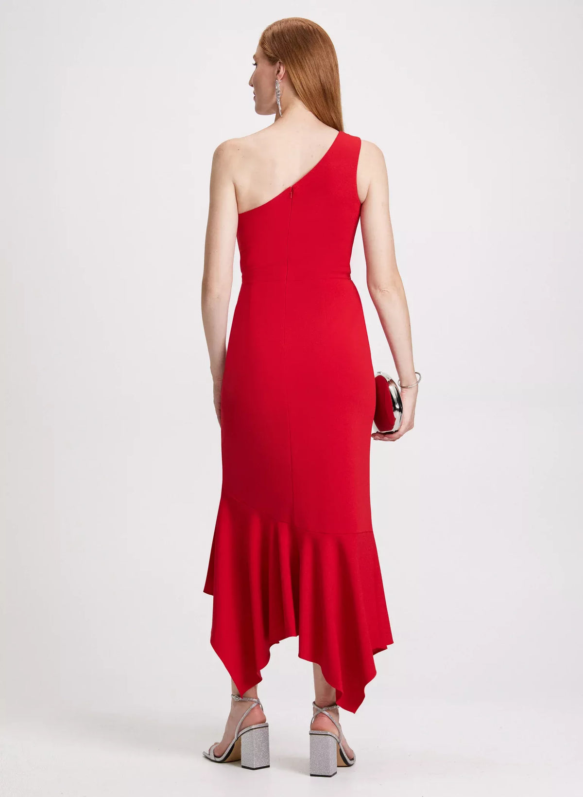 Red Crepe One Shoulder A-Line Asymmetrical Evening Dress with Ruffle