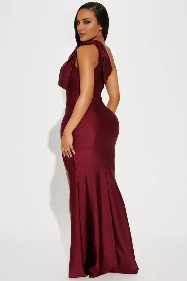 Burgundy Glitter One Shoulder Sheath Floor-Length Gown with Bow & High Slit