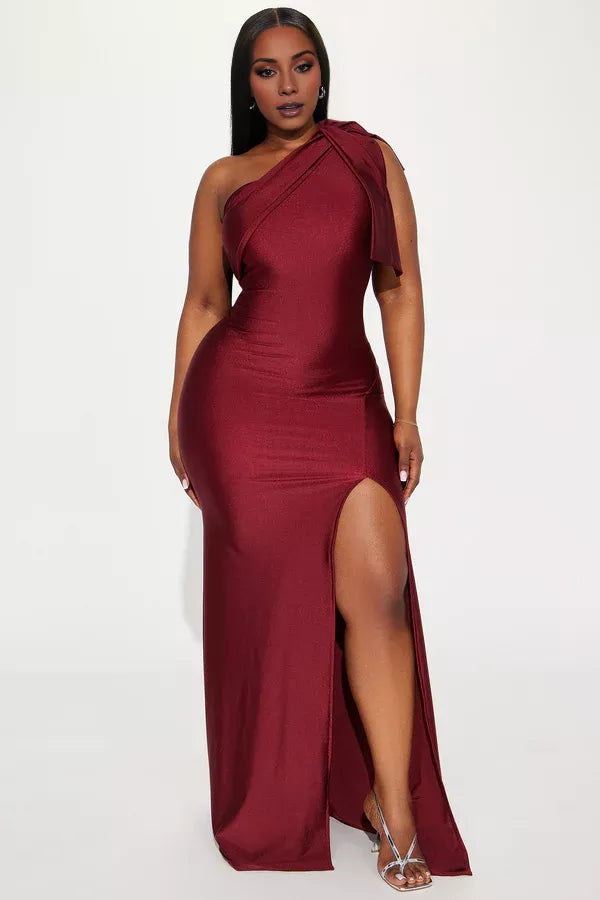 Burgundy Glitter One Shoulder Sheath Floor-Length Gown with Bow & High Slit