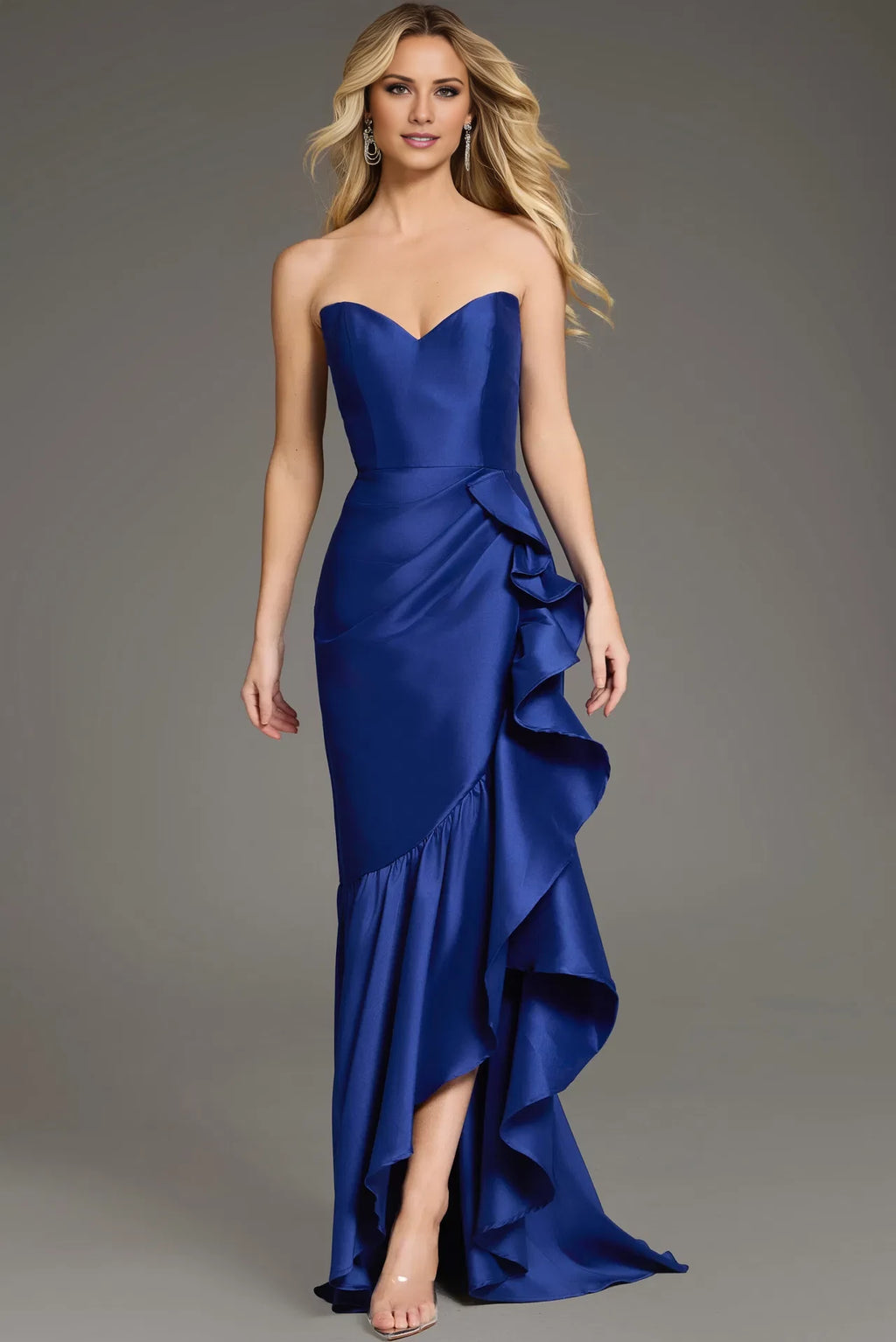 Vestido de noche largo hasta el suelo con hombros descubiertos, dobladillo alto y bajo con volantes asimétricos 