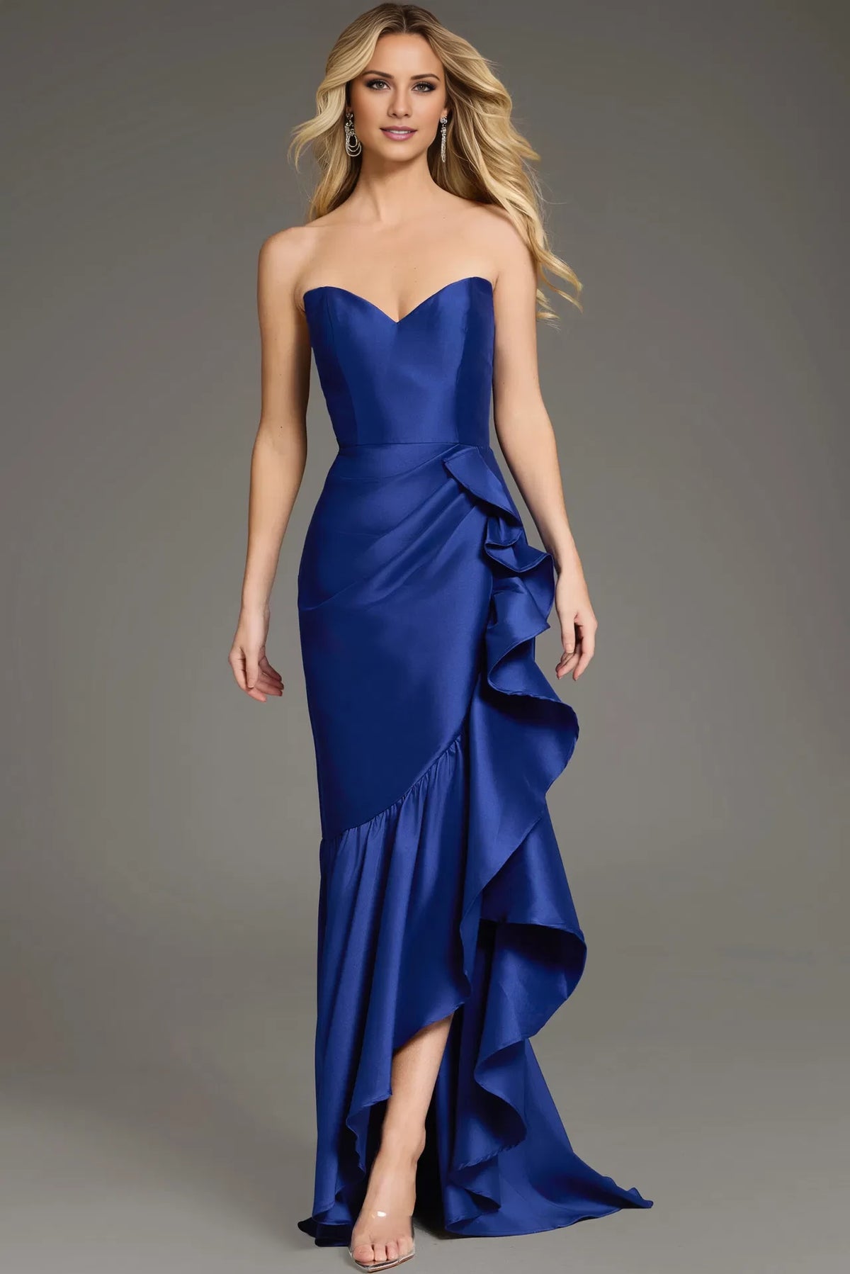 Vestido de noche largo hasta el suelo con hombros descubiertos, dobladillo alto y bajo con volantes asimétricos 