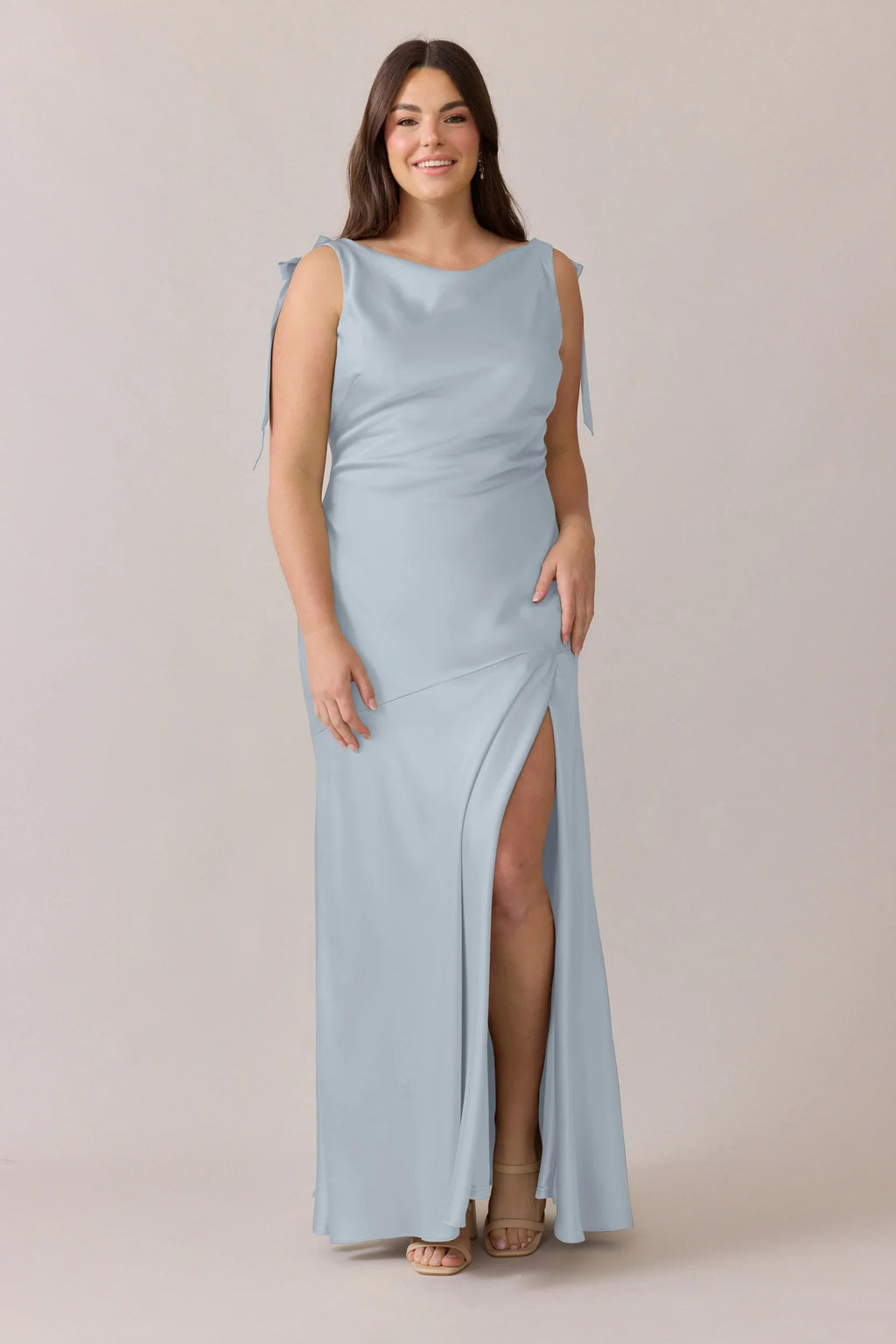 Sky Blue Satin Boat Neck Floor-Length Dress with Shoulder Ties and High Slit