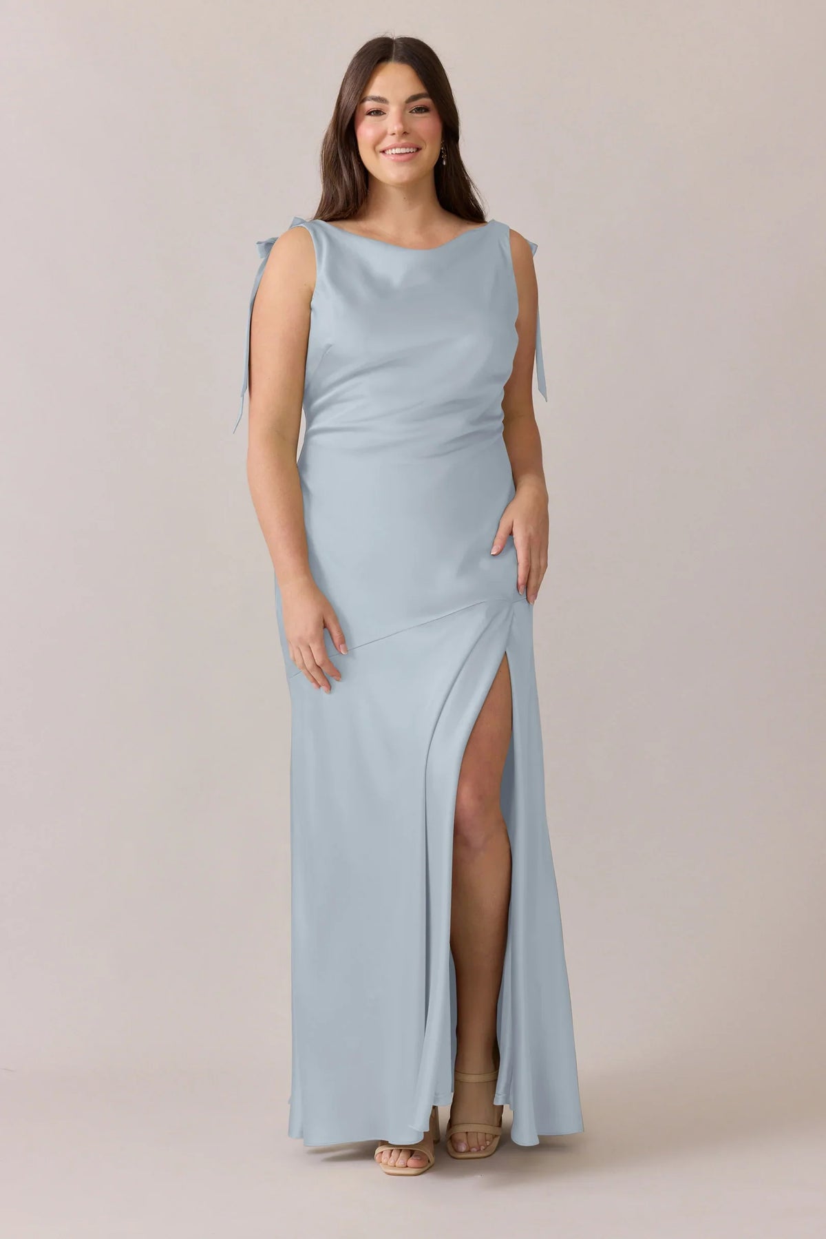 Sky Blue Satin Boat Neck Floor-Length Dress with Shoulder Ties and High Slit