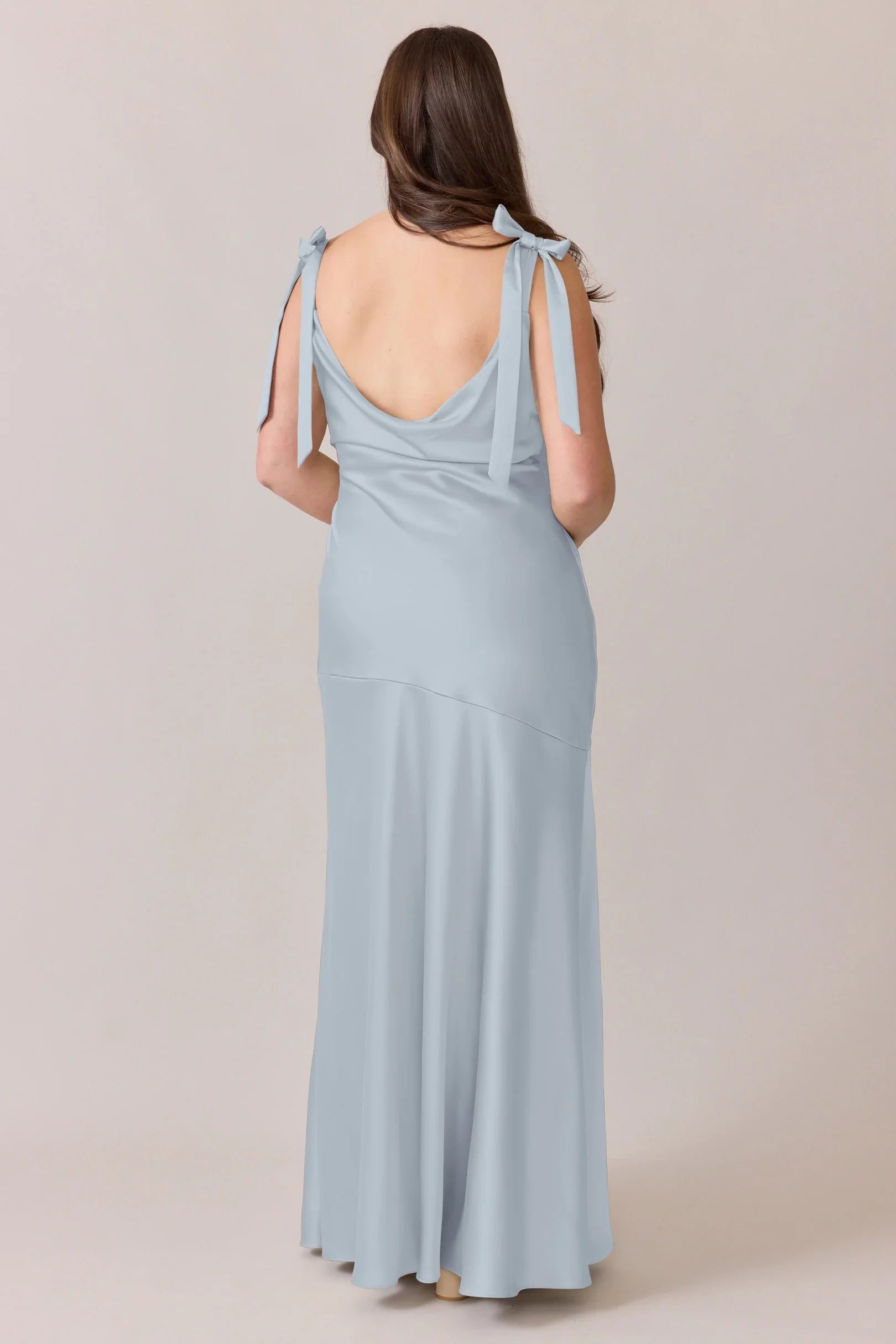 Sky Blue Satin Boat Neck Floor-Length Dress with Shoulder Ties and High Slit