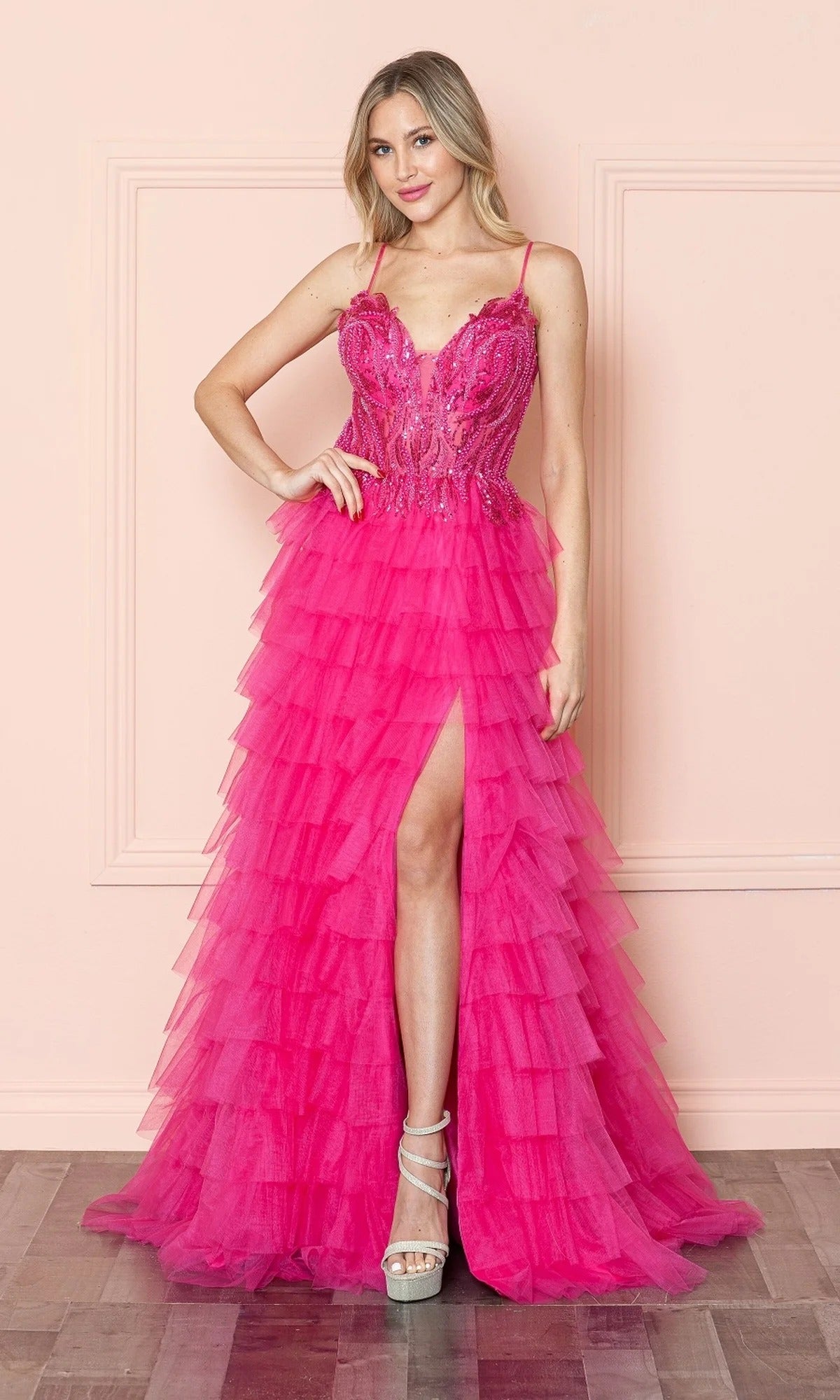 Beaded Tiered Tulle Gown with Spaghetti Straps and Slit