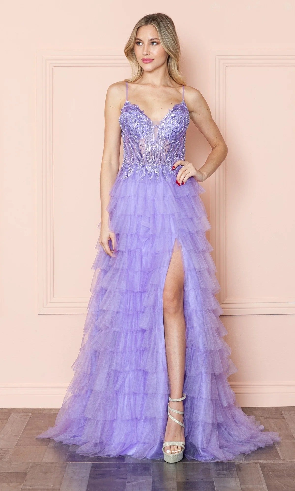 Beaded Tiered Tulle Gown with Spaghetti Straps and Slit