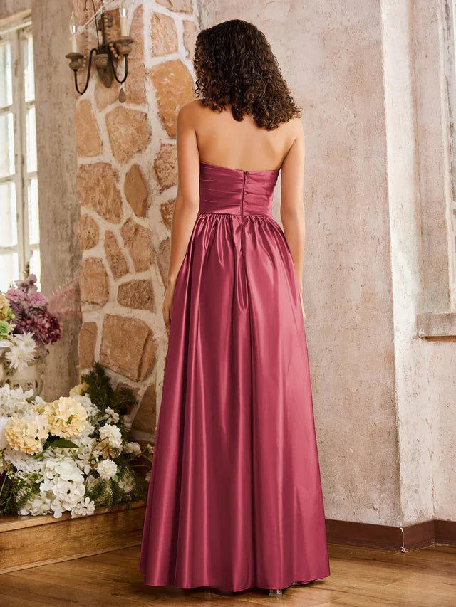 Burgundy Satin A-Line Straight Neck Floor-Length Bridesmaid Dress with High Slit