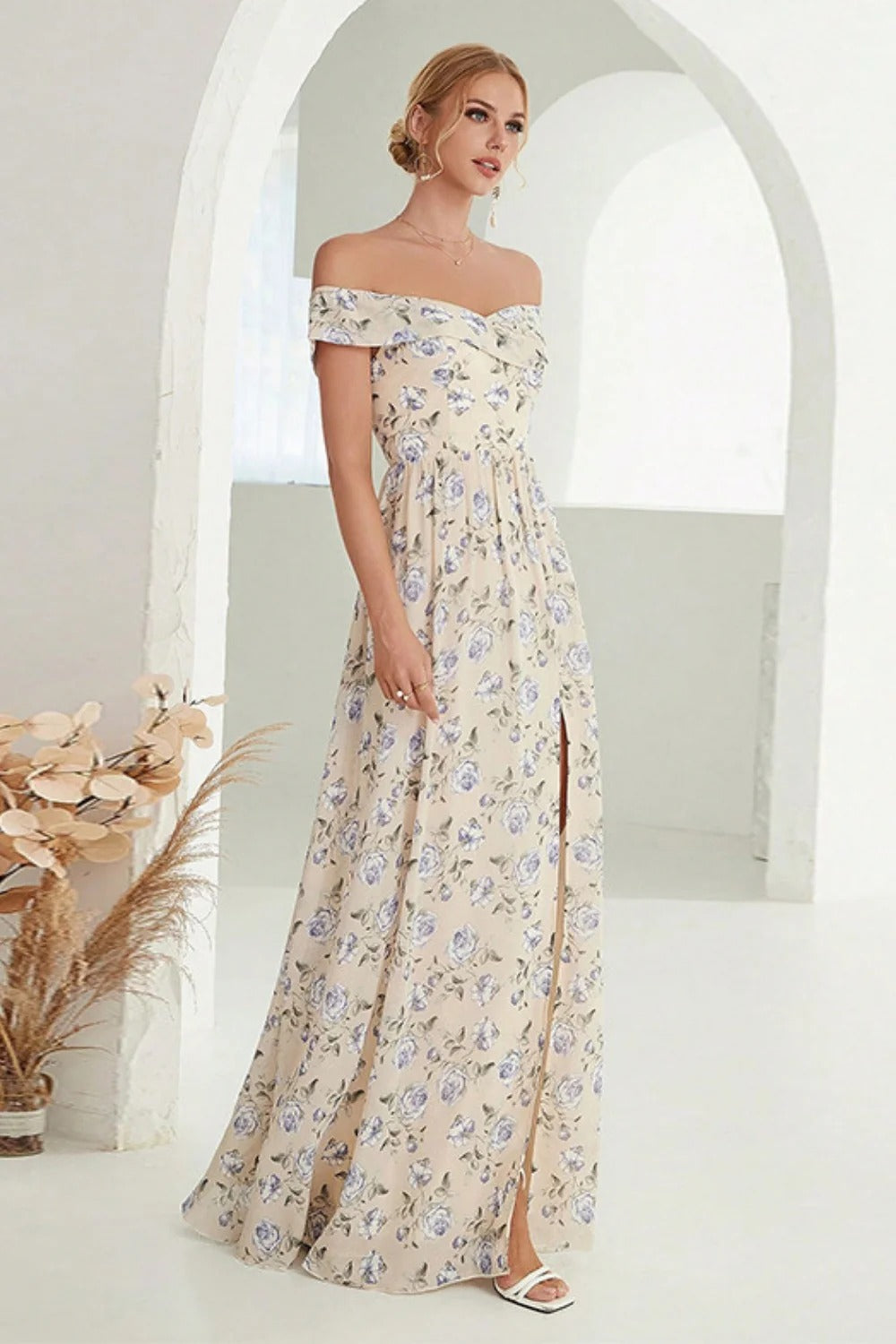 Beige Off-the-Shoulder Floral Maxi Dress with Thigh-High Slit