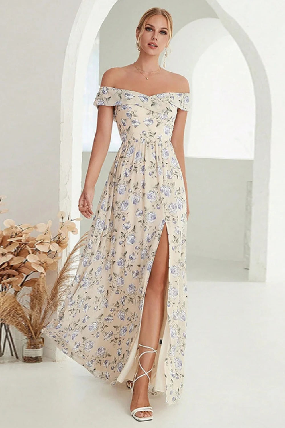 Beige Off-the-Shoulder Floral Maxi Dress with Thigh-High Slit